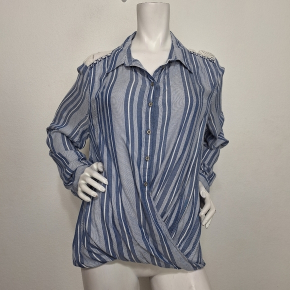 Vintage America Blue White Front Twist Western Casual Roll Tab Sleeve Blouse XL - Picture 1 of 13